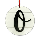 Farmhouse Monogram Ornament Letter O wood shiplap front view with red ribbon