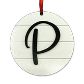 Farmhouse Monogram Ornament Letter P on white glossy shiplap front