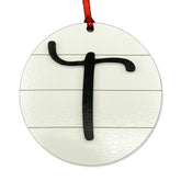 Farmhouse Monogram Ornament Letter T wood shiplap front view with red ribbon