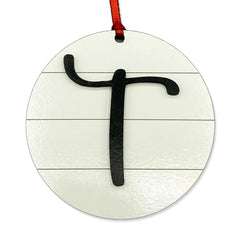 Farmhouse Monogram Ornament Letter T wood shiplap front view with red ribbon