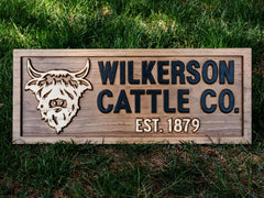 Highland cattle farmhouse sign with custom text and natural stain