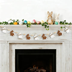 farmhouse wood bunny bead garland display on shelf