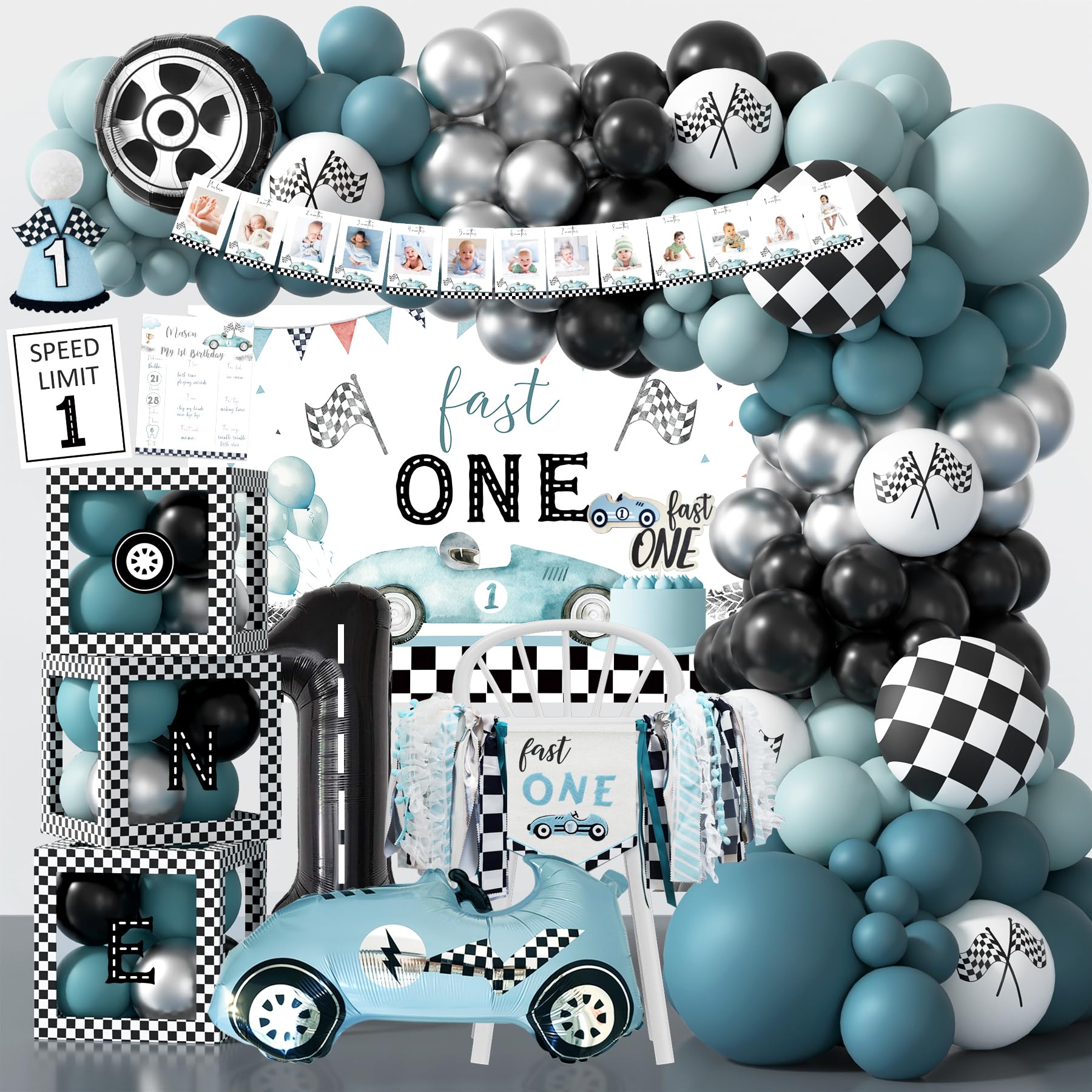 Backdrop and balloon arch from Fast One Birthday Decorations