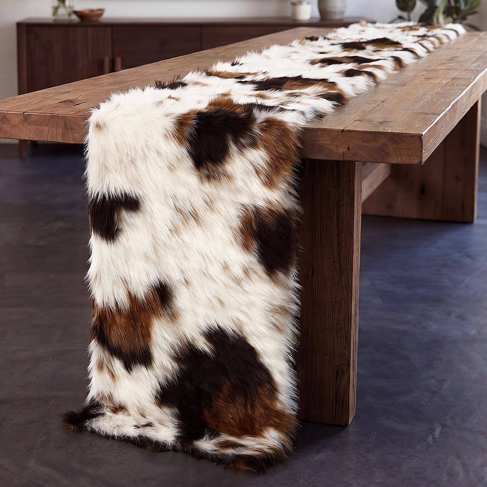 Faux Fur Plush Cow Hide Table Runner yellow white black pattern on table