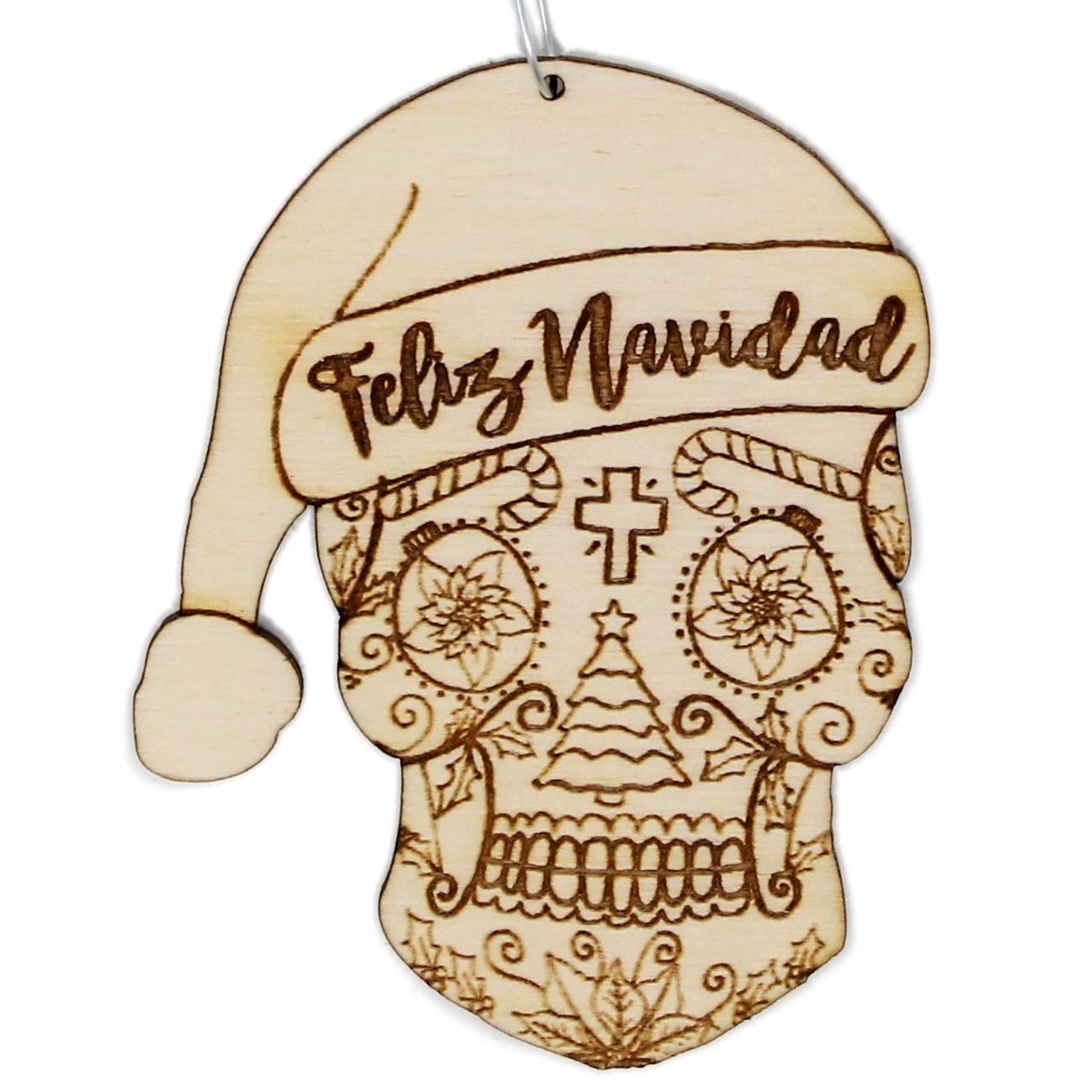 Feliz Navidad Sugar Skull Christmas Ornament birch wood