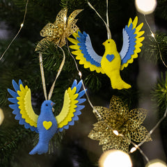 Blue and yellow felt dove ornament handmade in Ukraine