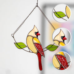 female cardinal stained glass window hanging