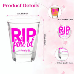 Hot pink RIP fake id text on clear 1.75oz shot glass