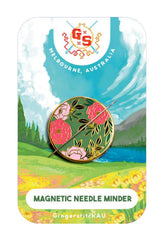 Field of Flowers Needle Minder on embroidery hoop with magnets