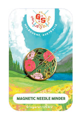 Field of Flowers Needle Minder on embroidery hoop with magnets