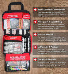 First aid kit interior with four transparent compartments and two gauze zones
