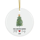 First Christmas Married Ornament ceramic heart shape with Mr Mrs Ornament hanging string