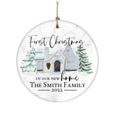 First Christmas in Our New Home Watercolor House 3 Inch Ornament front view