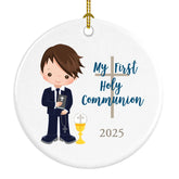 First Holy Communion ornament 2.75 inch round glossy white porcelain with My First Holy Communion 2025 print