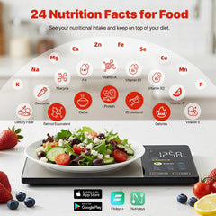 Clear color TFT display shows weight calories protein carbs and fat