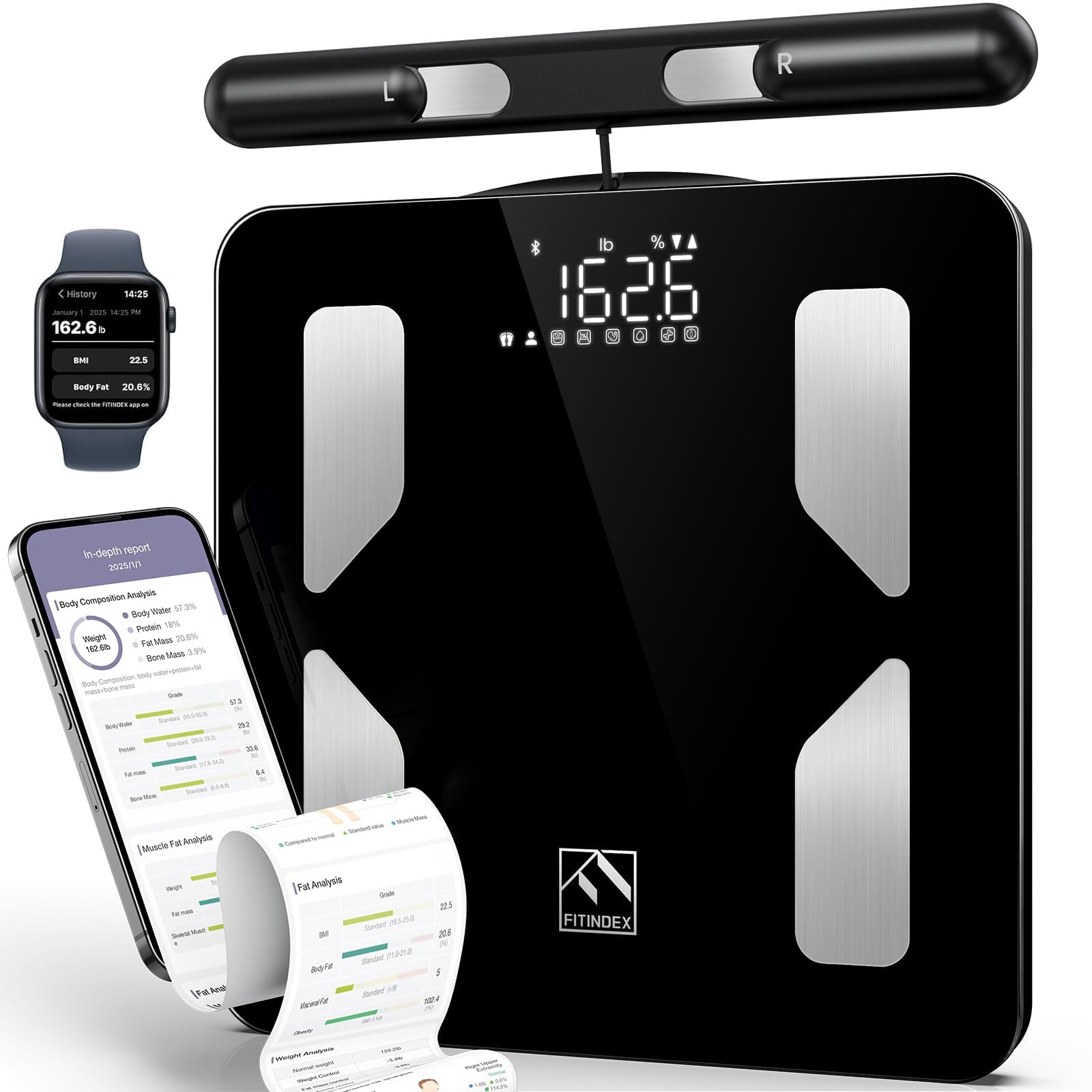 fitindex body pod smart scale on hard floor with 8-electrode display