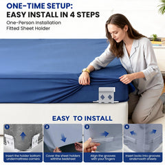 Fitted sheet holders corners securing sheets on bedding