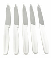 Five pack 4 inch paring knives with white handles for commercial kitchens