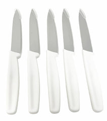 Five pack 4 inch paring knives with white handles for commercial kitchens