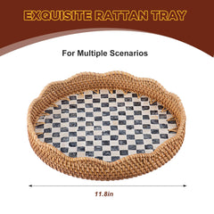Round rattan tray showing checkered pattern and lacquer finish