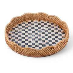 Fiwochic scalloped round rattan tray with mother of pearl inlay