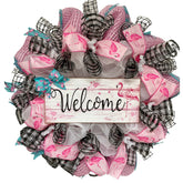 Flamingo Welcome deco mesh door wreath with wood sign