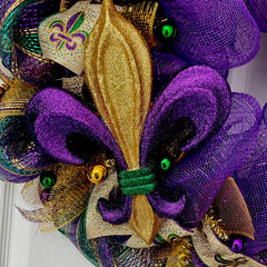Fleur de Lis Purple Green Gold detailing on wreath