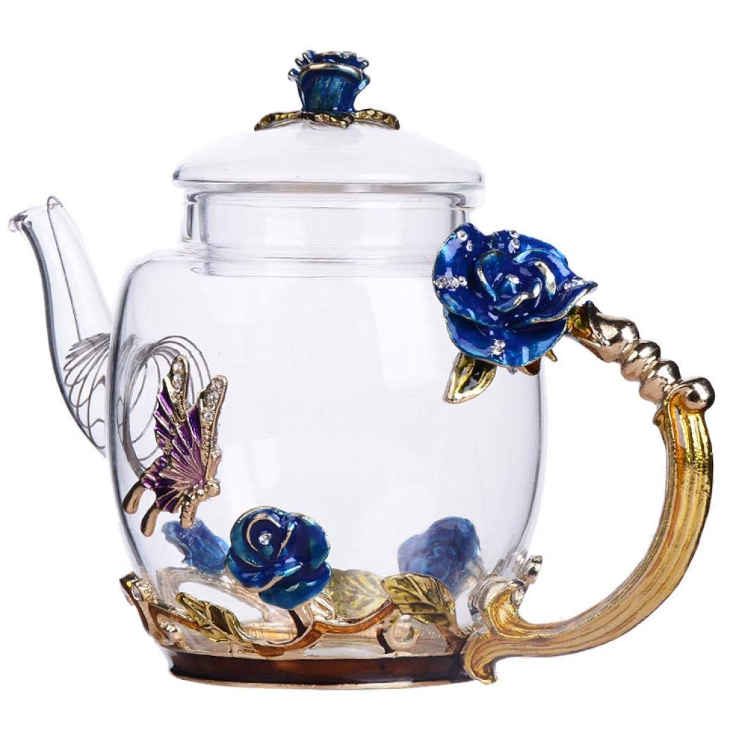 Floral Glass Teapot Blue 300ml with France Enamel Flower Butterfly Decoration