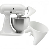 Flour funnel attached to Kitchen Aid mixer for hands-free pouring