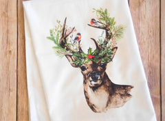 Flour sack towel 28x28 inches with Christmas Deer graphic and hanging loop