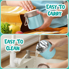 Wide mouth opening for easy filling and eating with lid folded spoon inside