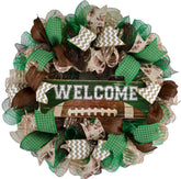 Football Wreath 24 inch round front door with green brown jute mesh