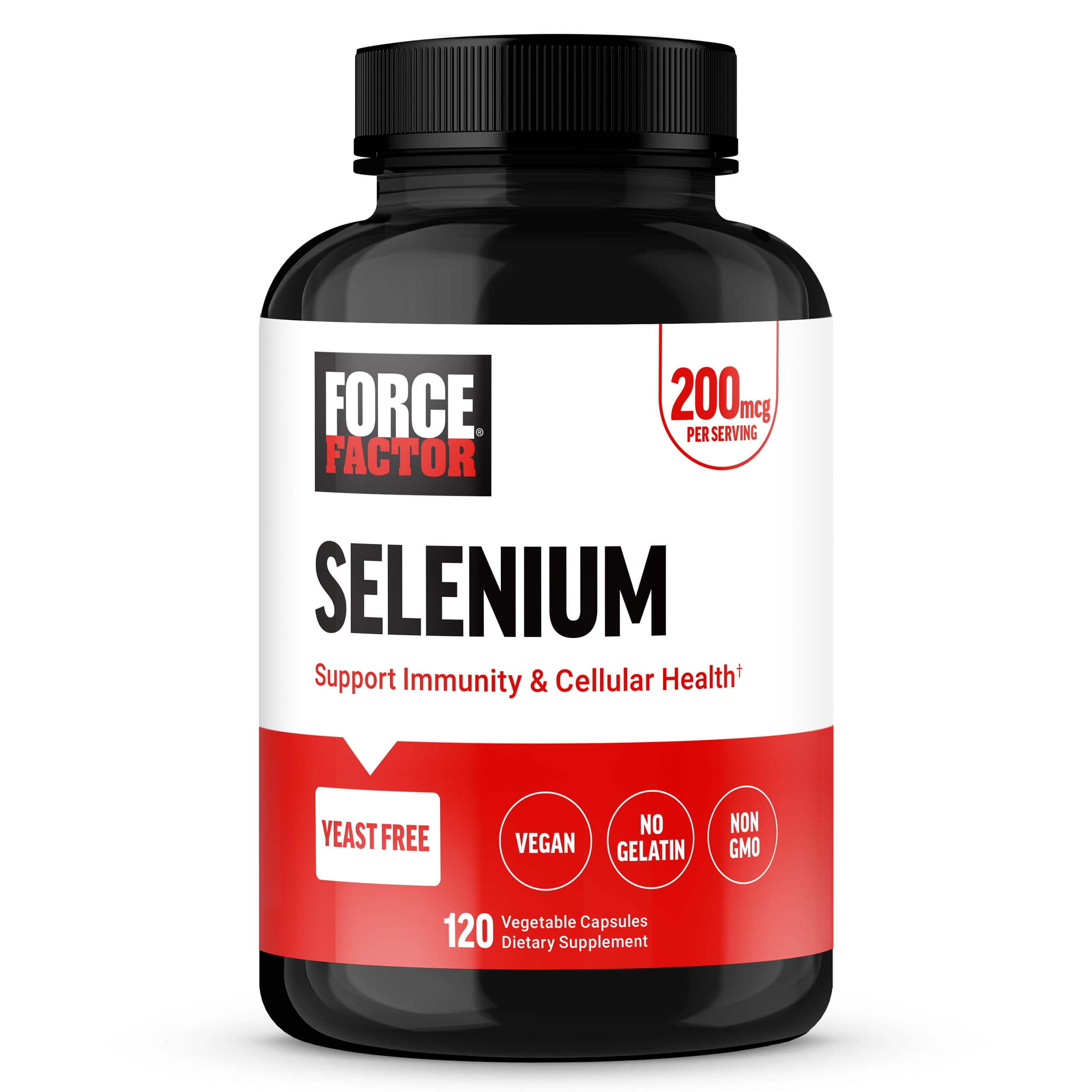 Force Factor Selenium bottle label showing 200mcg per capsule