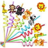Forest Animals Crazy Straws 24pcs with animal toppers in jungle colors