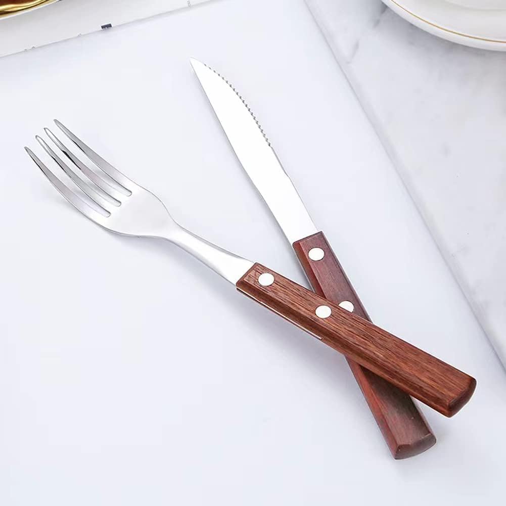 Forks and knives Silverware Set with wooden handle close up