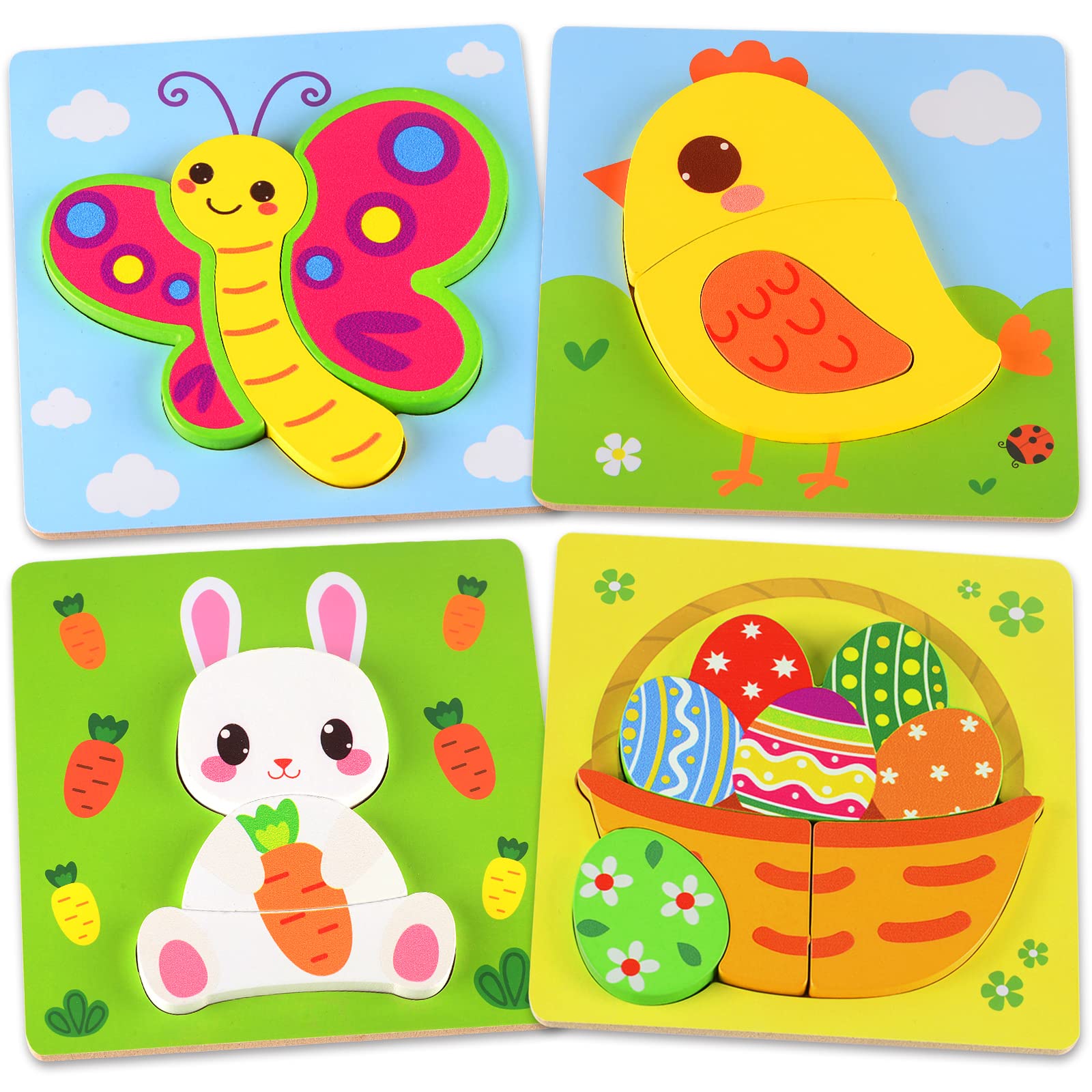 Four pack wooden puzzles toddler toys for Easter basket use