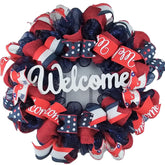 Fourth of July mesh door wreath with navy mesh and red burlap accents
