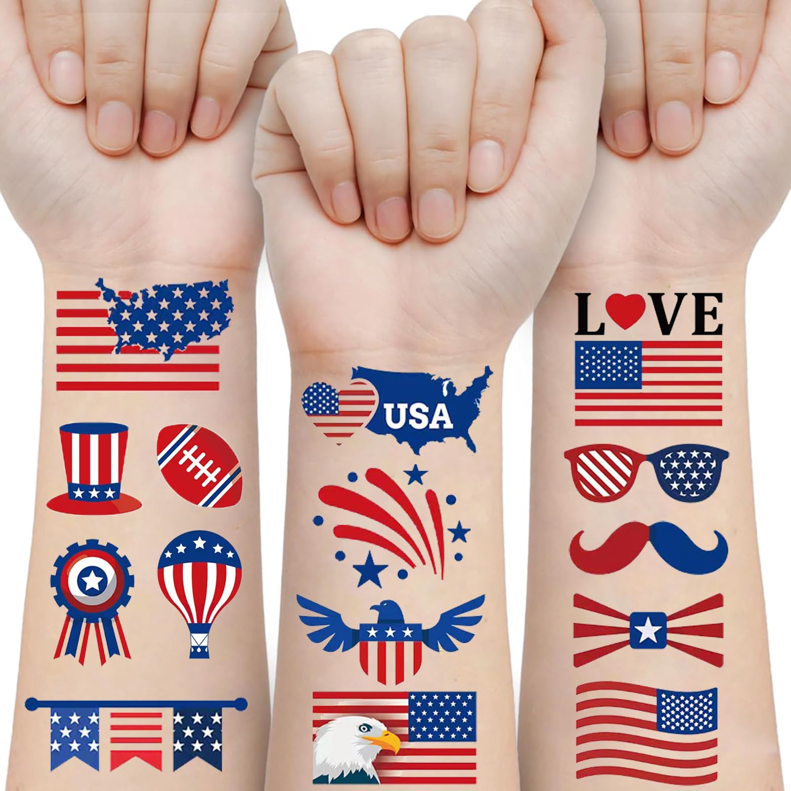 Fourth of July temporary tattoo designs including fireworks and flags