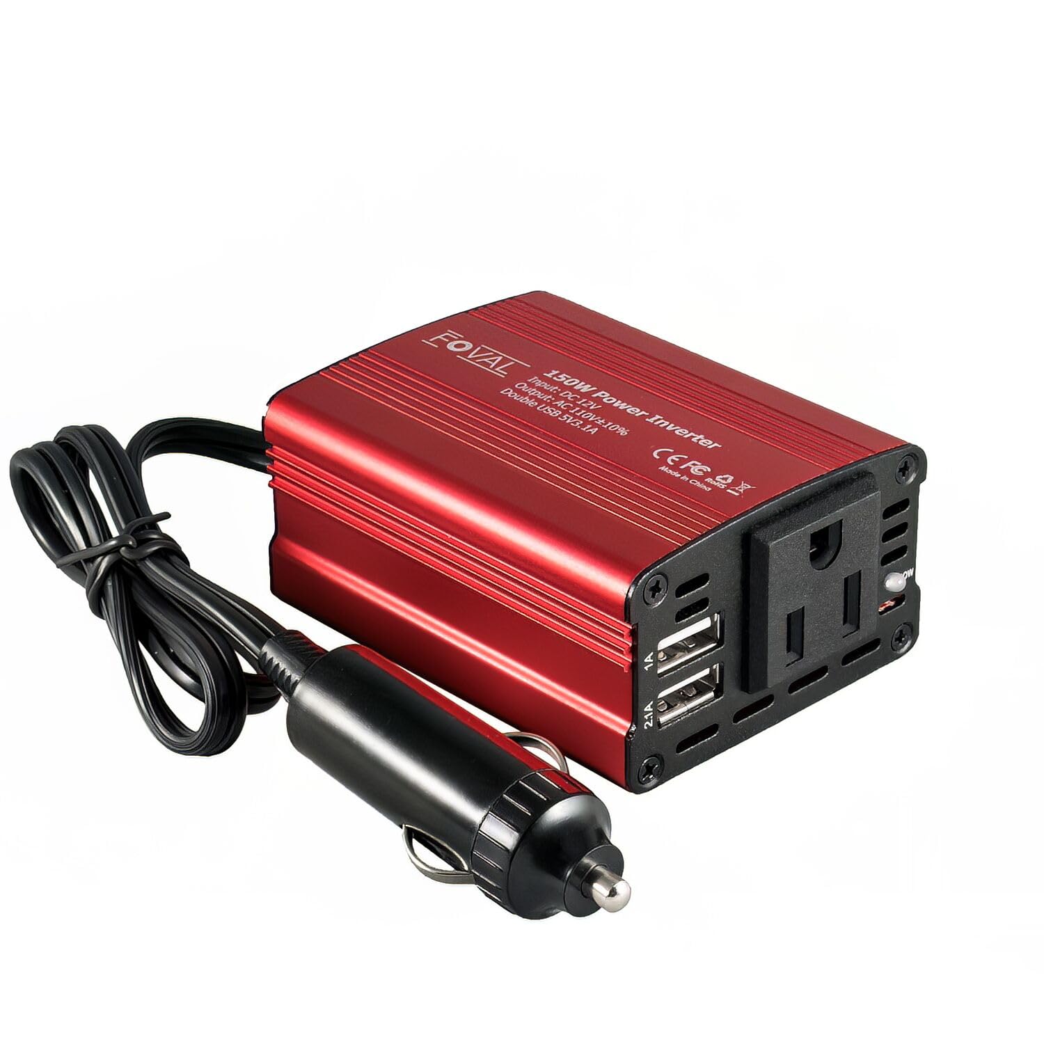 FOVAL 150W car power inverter with dual USB ports and 110V outlet