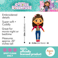 Gabby character shaped plush cuddle pillow buddy measures 20 x 9.5 x 5 inches