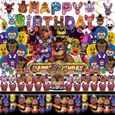 Banner and backdrop from Freddy's Birthday Decorations set for Five Nights Theme Party