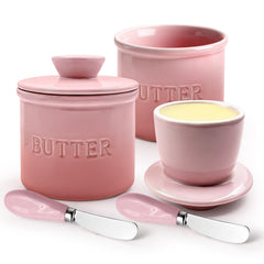 Two pack ceramic French butter crocks on kitchen counter
