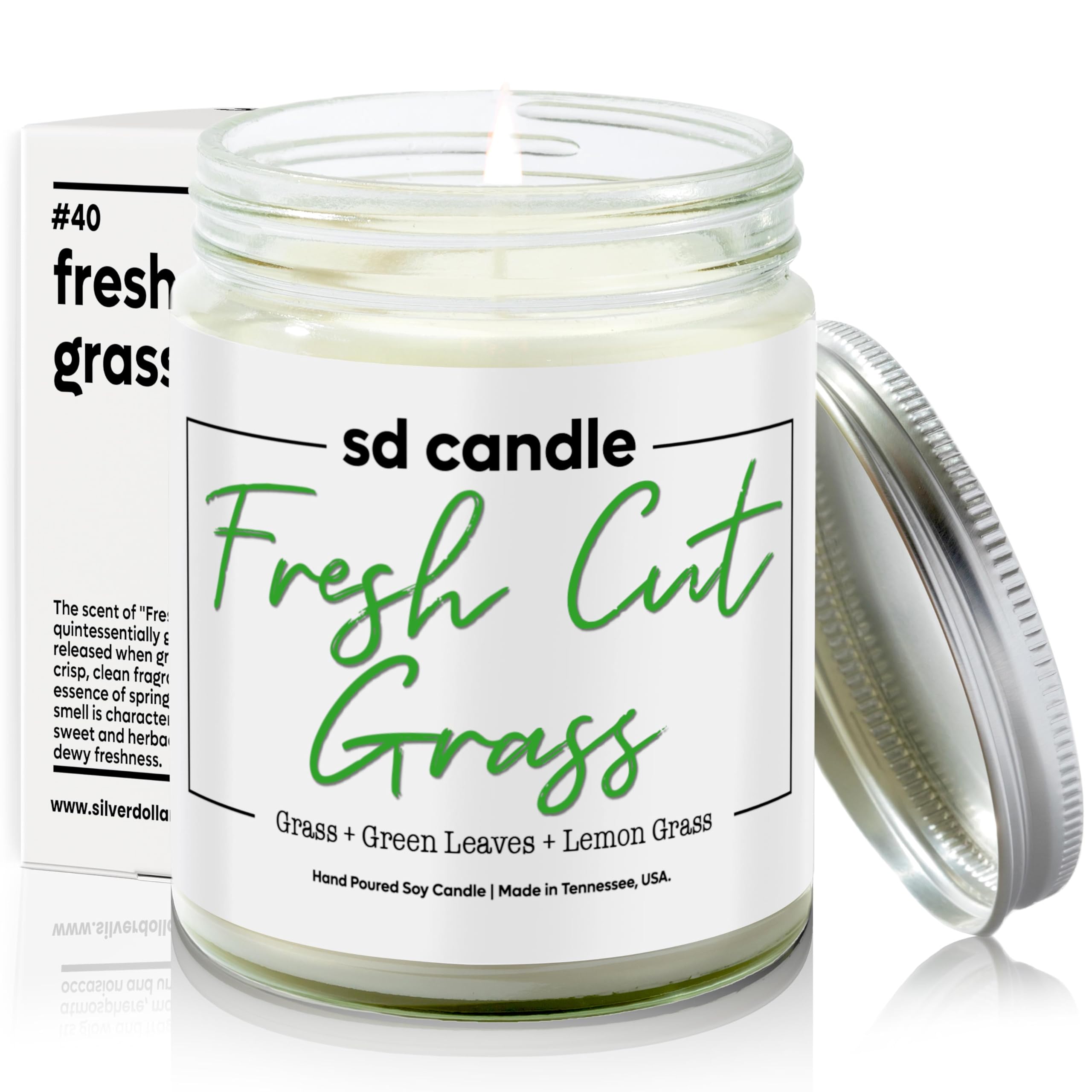 Fresh Cut Grass soy candle 9oz in glass jar by Silver Dollar Candle Co