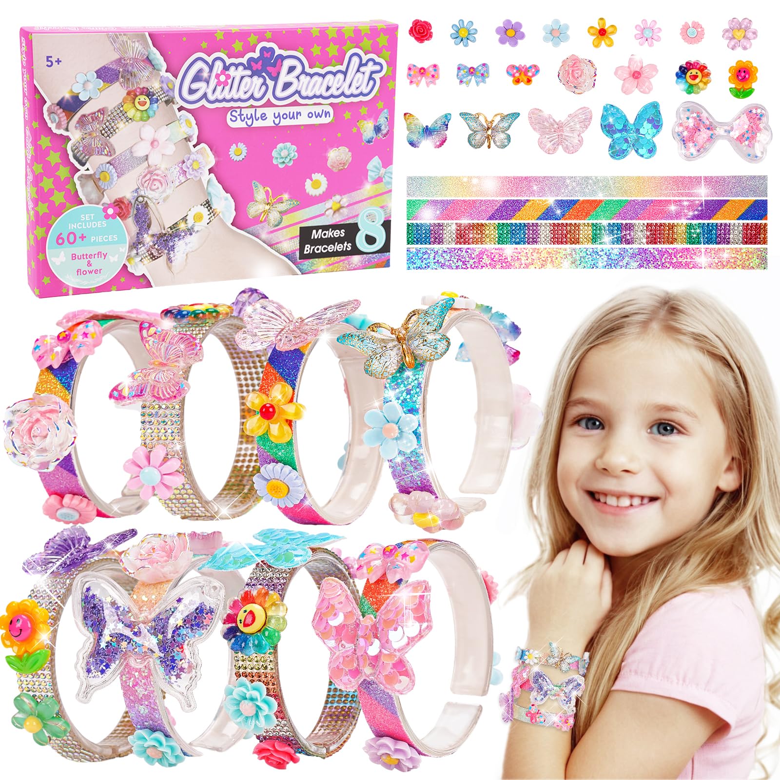 Friendship bracelet making kit with eight acrylic bracelets and fifty charms