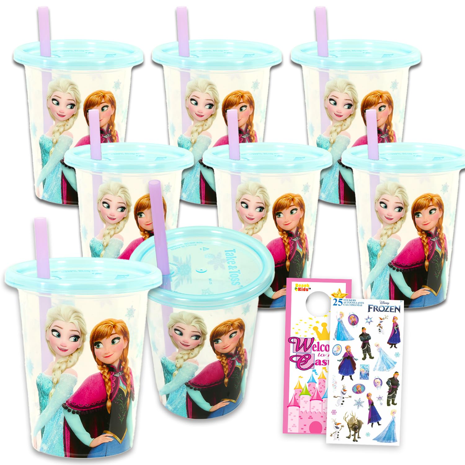Frozen 10 oz reusable cups set with lids and straws featuring Anna and Elsa artwork