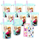 Frozen 10 oz reusable cups set with lids and straws featuring Anna and Elsa artwork