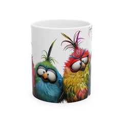 Funny Bird Mug 15oz front view with four colorful birds