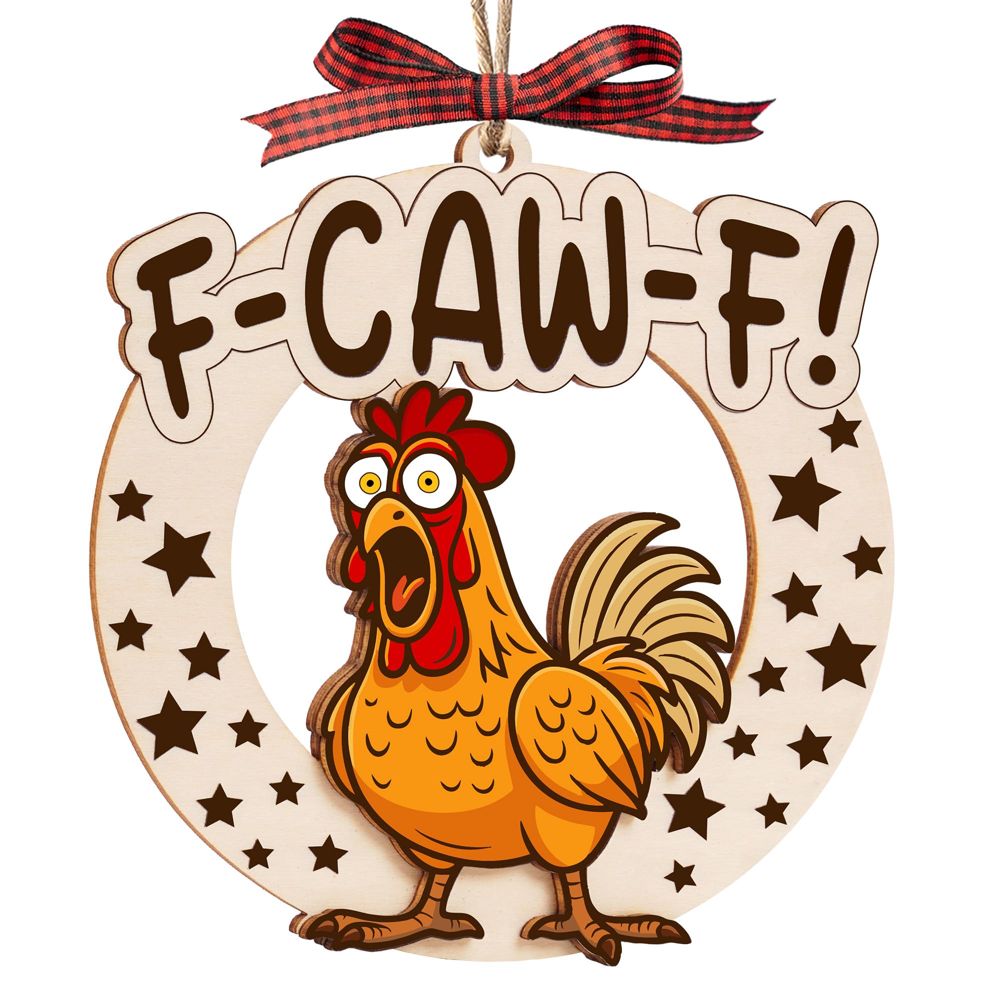 Funny F-Caw-F chicken Christmas ornament packaging