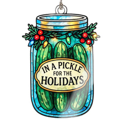 Funny Pickle Christmas Tree Ornament showing pickle jar design with holly