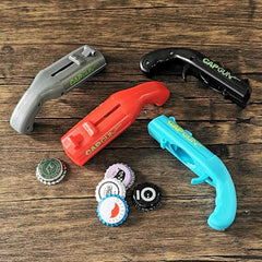 Funny shooting bottle opener cap gun displayed for entertaining party use